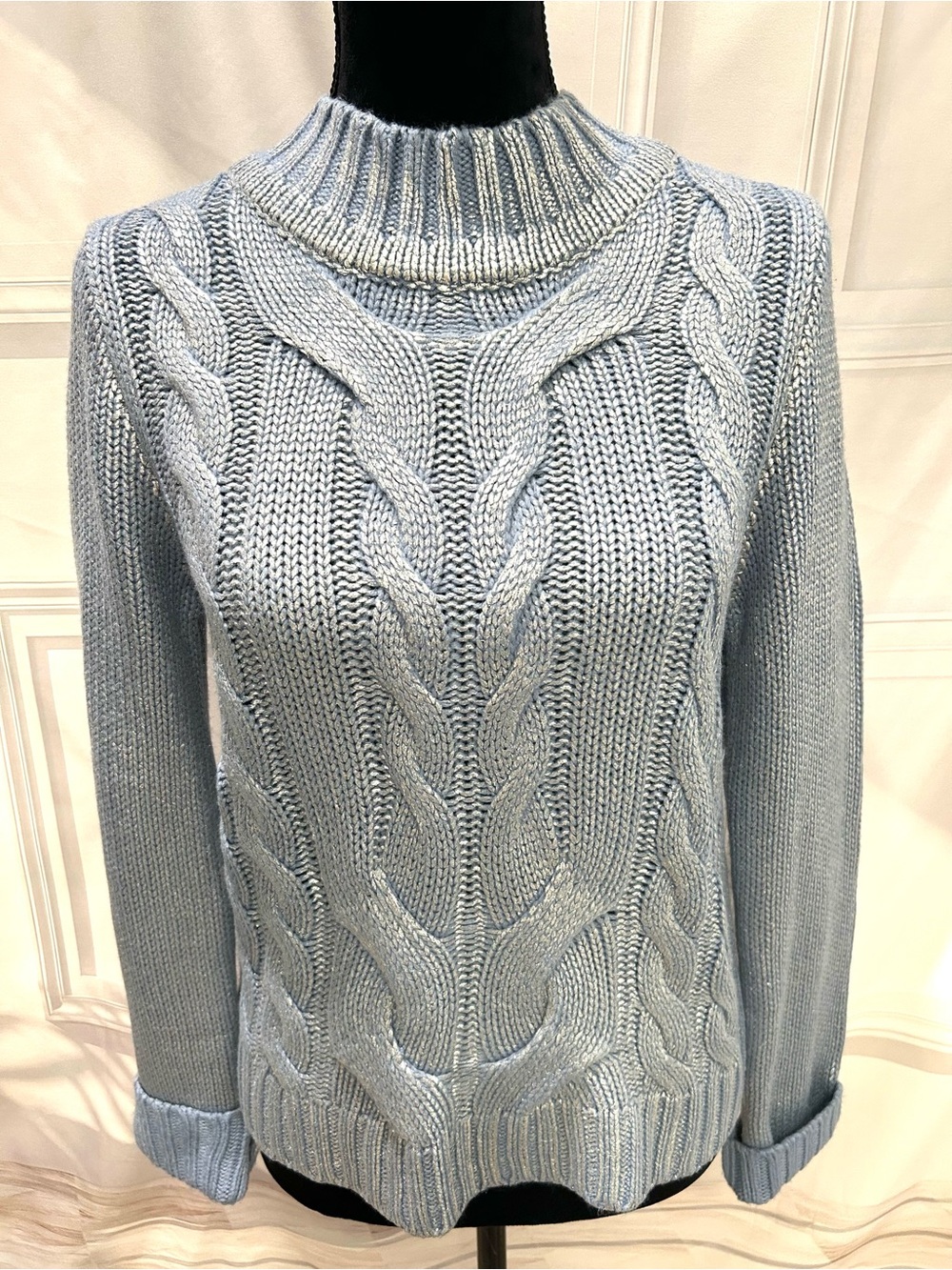 RACHEL Rachel Roy Light Blue Cable Turtleneck Sweater Chrome Shimmer Medium
